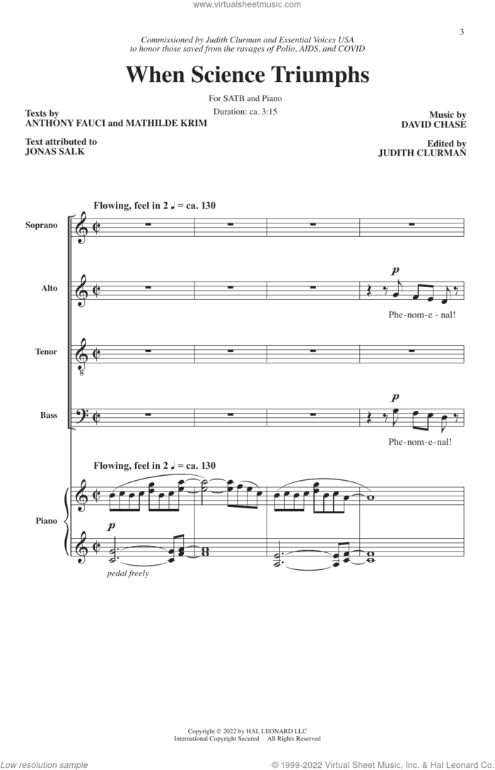 When Science Triumphs sheet music for choir (SATB: soprano, alto, tenor, bass) by David Chase, Anthony Fauci, Jonas Salk and Mathilde Krim, intermediate skill level