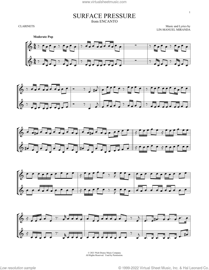Surface Pressure (from Encanto) sheet music for two clarinets (duets) by Lin-Manuel Miranda, intermediate skill level