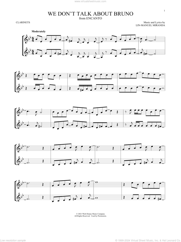 We Don't Talk About Bruno (from Encanto) sheet music for two clarinets (duets) by Lin-Manuel Miranda, intermediate skill level