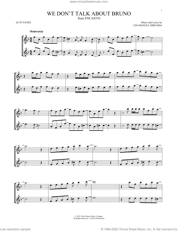 We Don't Talk About Bruno (from Encanto) sheet music for two alto saxophones (duets) by Lin-Manuel Miranda, intermediate skill level