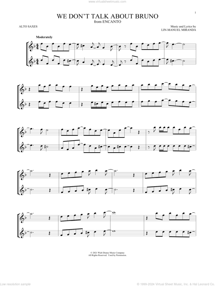 We Don't Talk About Bruno (from Encanto) sheet music for two alto saxophones (duets) by Lin-Manuel Miranda, intermediate skill level