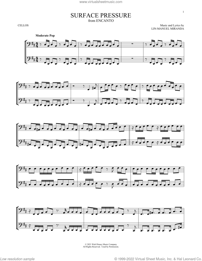 Surface Pressure (from Encanto) sheet music for two cellos (duet, duets) by Lin-Manuel Miranda, intermediate skill level