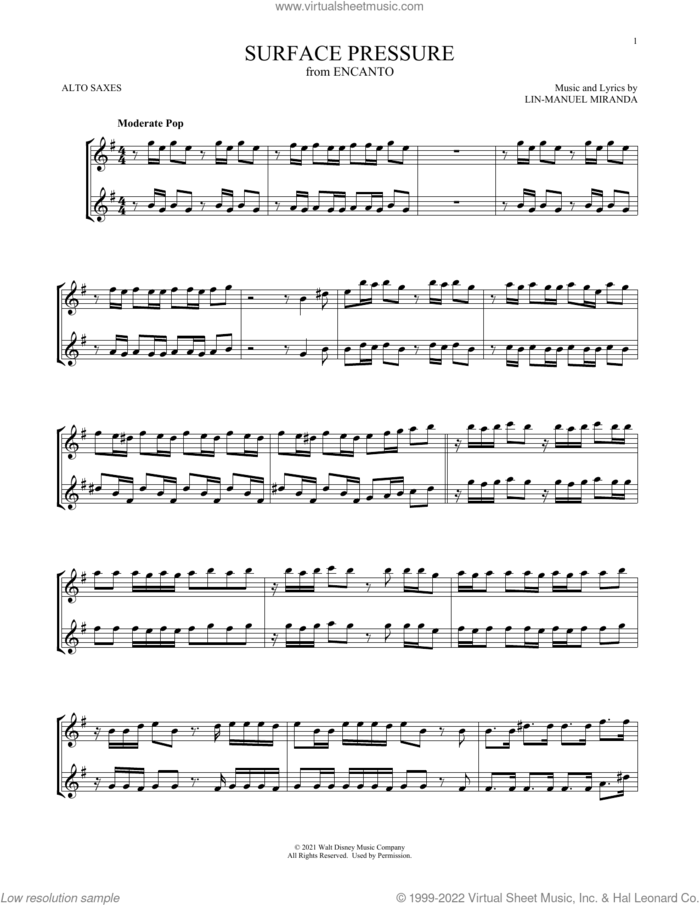 Surface Pressure (from Encanto) sheet music for two alto saxophones (duets) by Lin-Manuel Miranda, intermediate skill level