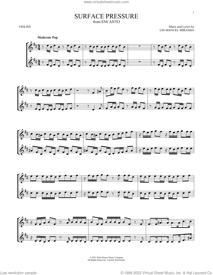 Surface Pressure (from Encanto) sheet music for two violins (duets, violin duets) by Lin-Manuel Miranda, intermediate skill level