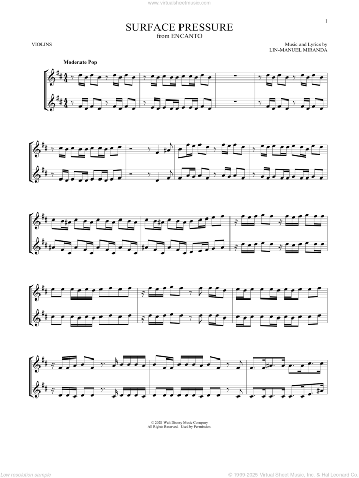 Surface Pressure (from Encanto) sheet music for two violins (duets, violin duets) by Lin-Manuel Miranda, intermediate skill level