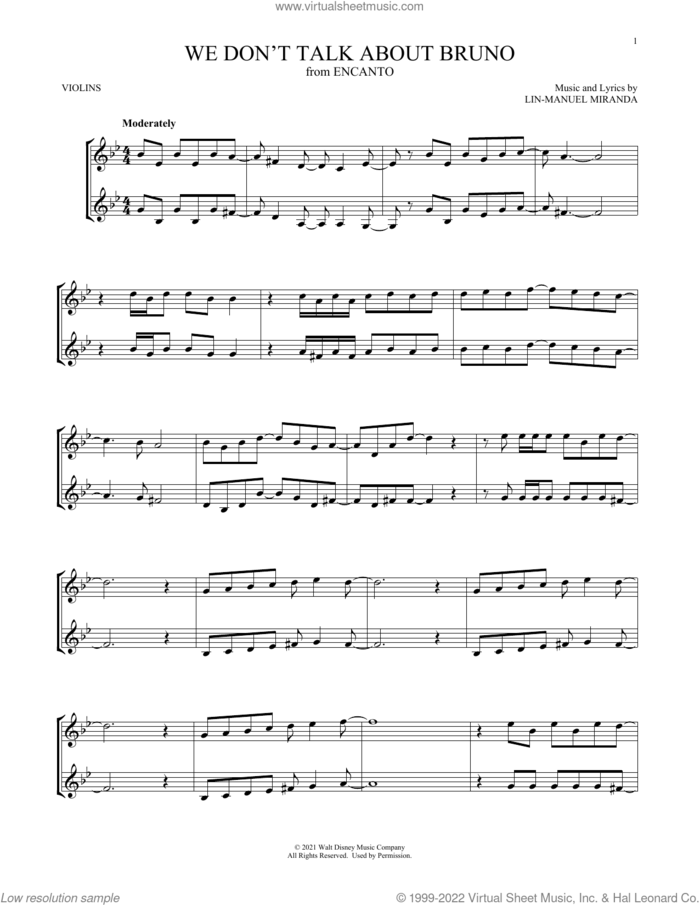 We Don't Talk About Bruno (from Encanto) sheet music for two violins (duets, violin duets) by Lin-Manuel Miranda, intermediate skill level
