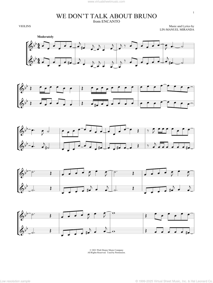 We Don't Talk About Bruno (from Encanto) sheet music for two violins (duets, violin duets) by Lin-Manuel Miranda, intermediate skill level