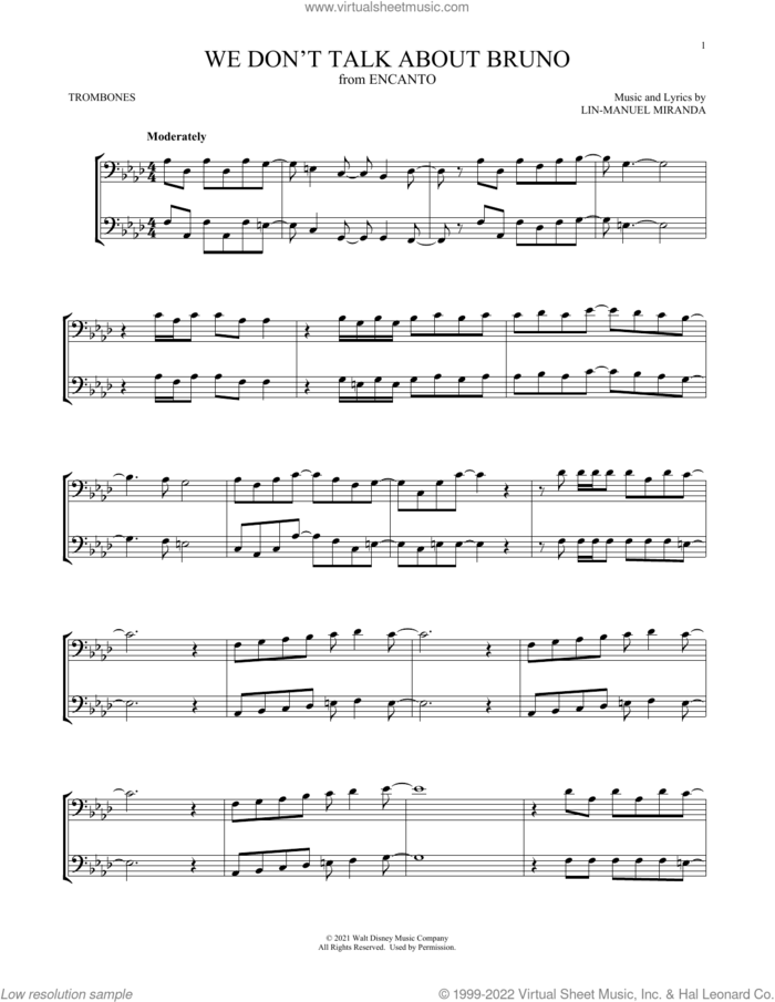 We Don't Talk About Bruno (from Encanto) sheet music for two trombones (duet, duets) by Lin-Manuel Miranda, intermediate skill level