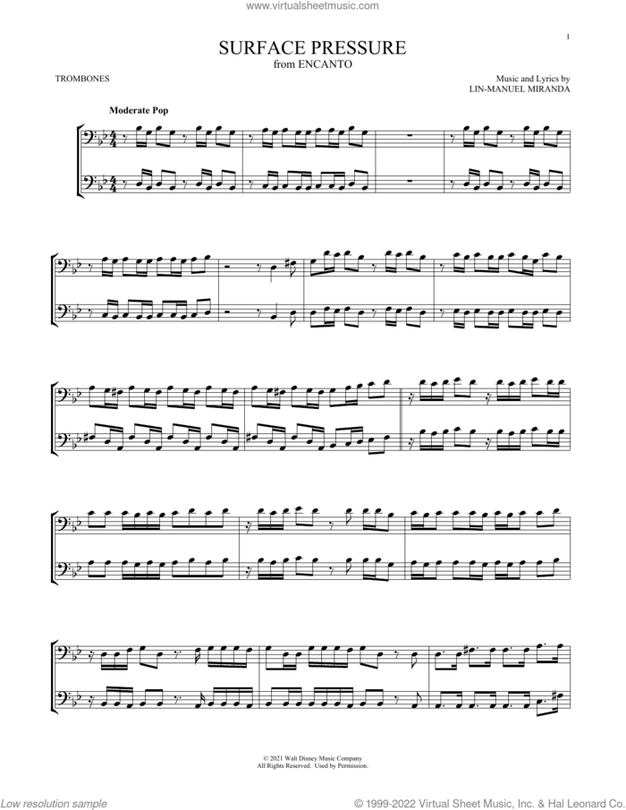 Surface Pressure (from Encanto) sheet music for two trombones (duet, duets) by Lin-Manuel Miranda, intermediate skill level