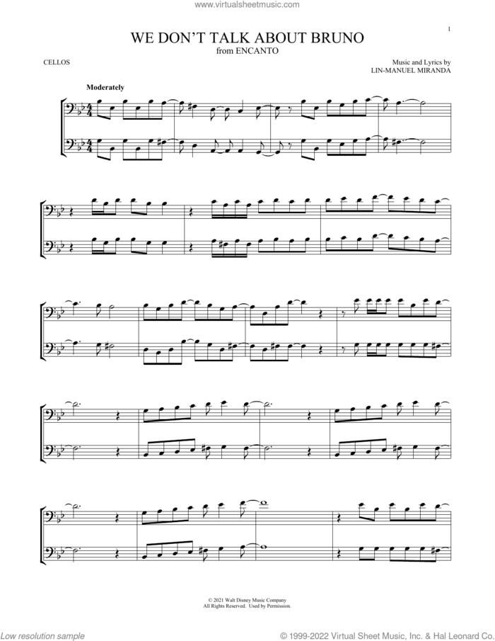 We Don't Talk About Bruno (from Encanto) sheet music for two cellos (duet, duets) by Lin-Manuel Miranda, intermediate skill level