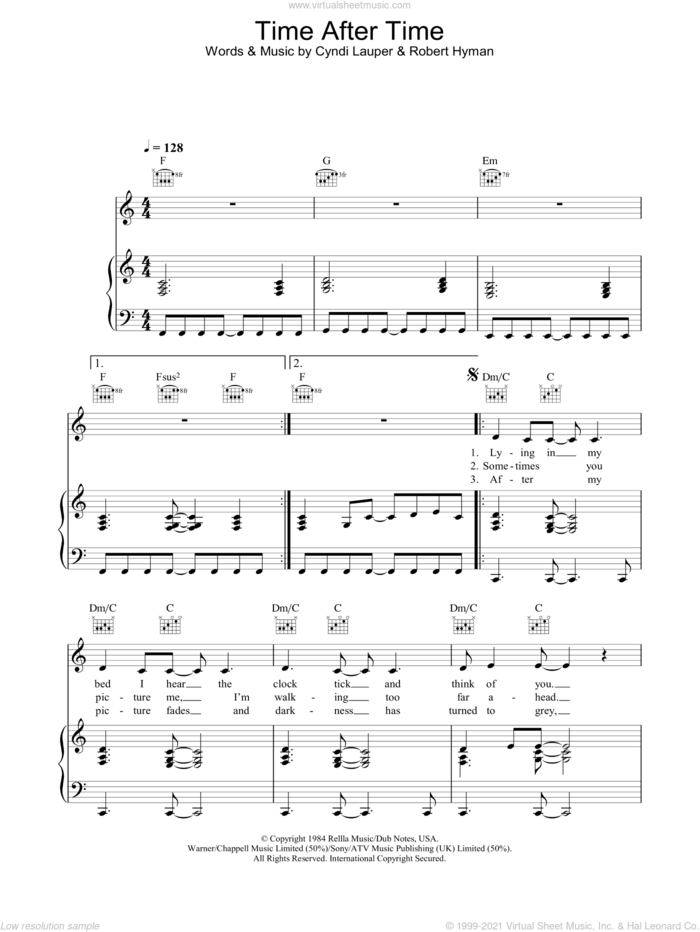 Time After Time sheet music for voice, piano or guitar by Cyndi Lauper, intermediate skill level