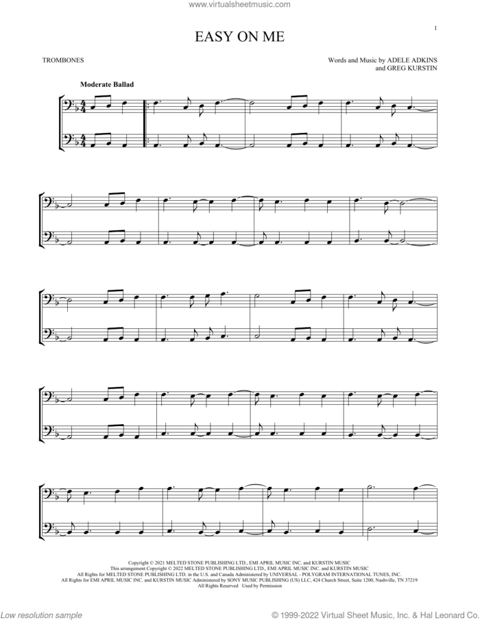 Easy On Me sheet music for two trombones (duet, duets) by Adele, Adele Adkins and Greg Kurstin, intermediate skill level