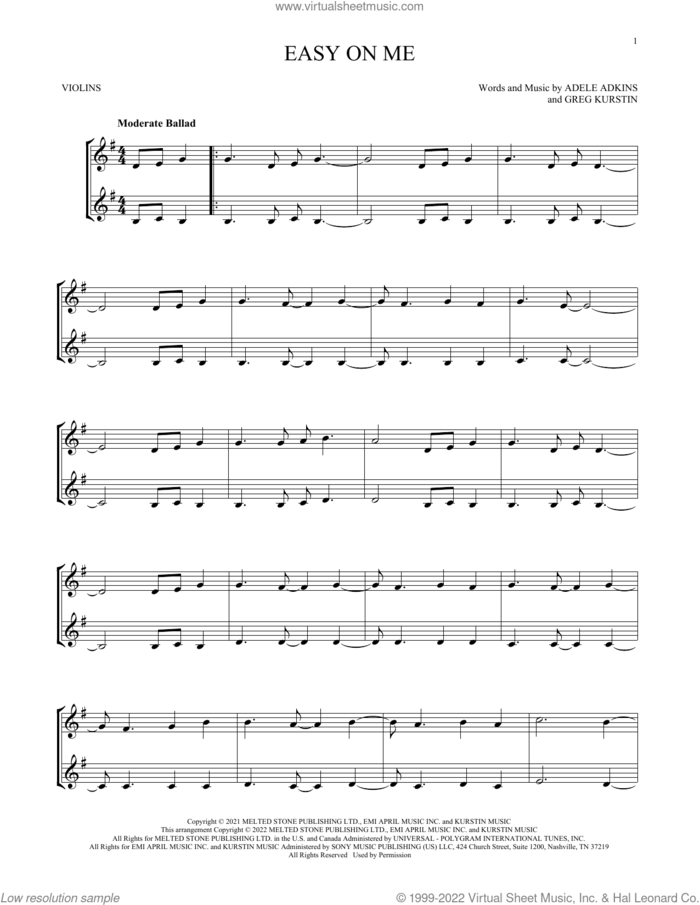 Easy On Me sheet music for two violins (duets, violin duets) by Adele, Adele Adkins and Greg Kurstin, intermediate skill level