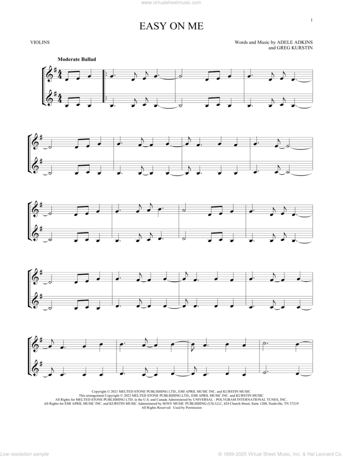 Easy On Me sheet music for two violins (duets, violin duets) by Adele, Adele Adkins and Greg Kurstin, intermediate skill level