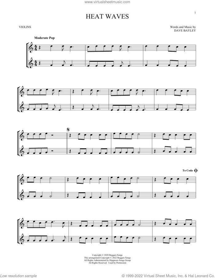 Heat Waves sheet music for two violins (duets, violin duets) by Glass Animals and Dave Bayley, intermediate skill level