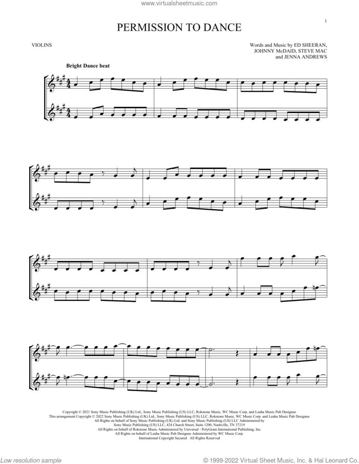 Permission To Dance sheet music for two violins (duets, violin duets) by BTS, Ed Sheeran, Jenna Andrews, Johnny McDaid and Steve Mac, intermediate skill level