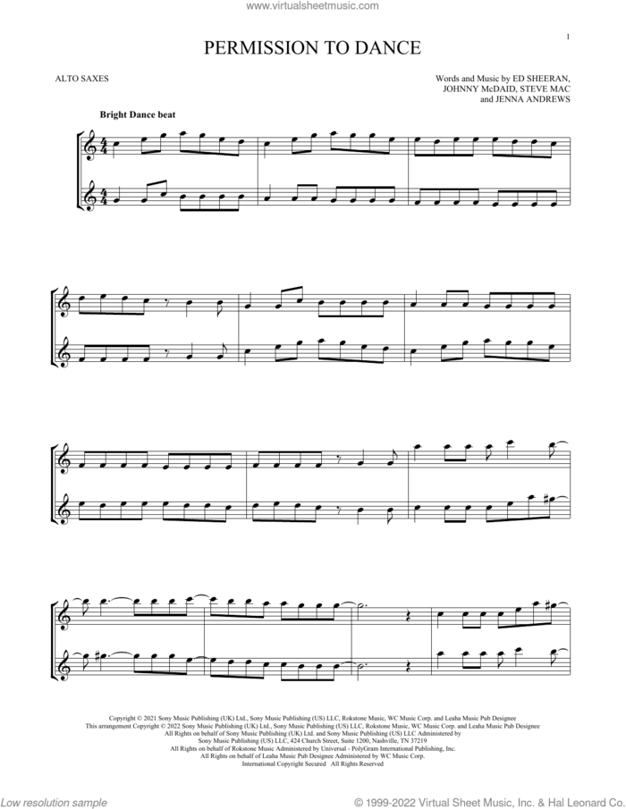 Permission To Dance sheet music for two alto saxophones (duets) by BTS, Ed Sheeran, Jenna Andrews, Johnny McDaid and Steve Mac, intermediate skill level