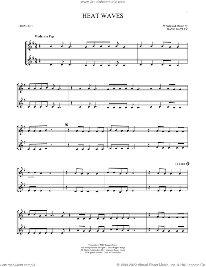 Heat Waves sheet music for two trumpets (duet, duets) by Glass Animals and Dave Bayley, intermediate skill level
