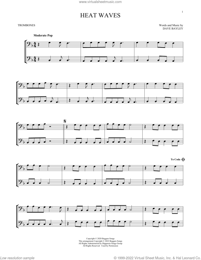 Heat Waves sheet music for two trombones (duet, duets) by Glass Animals and Dave Bayley, intermediate skill level