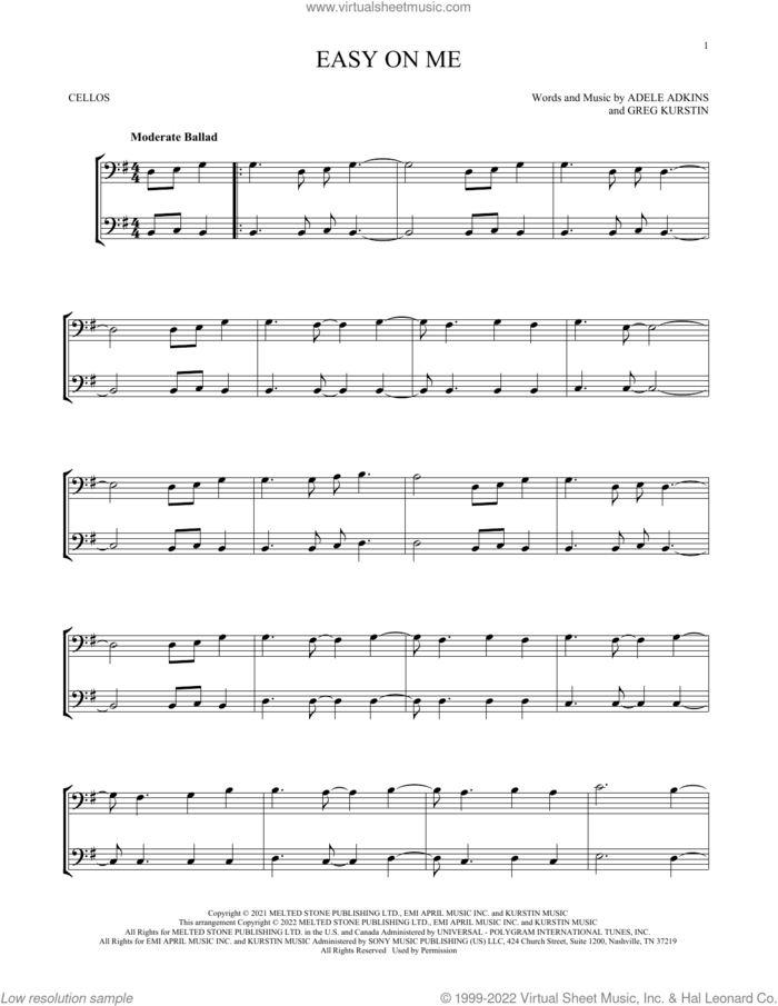 Easy On Me sheet music for two cellos (duet, duets) by Adele, Adele Adkins and Greg Kurstin, intermediate skill level
