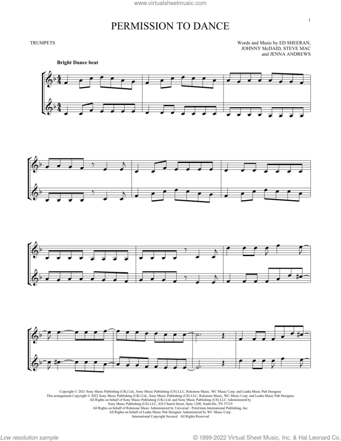 Permission To Dance sheet music for two trumpets (duet, duets) by BTS, Ed Sheeran, Jenna Andrews, Johnny McDaid and Steve Mac, intermediate skill level