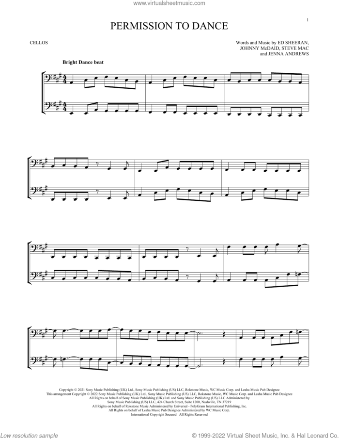 Permission To Dance sheet music for two cellos (duet, duets) by BTS, Ed Sheeran, Jenna Andrews, Johnny McDaid and Steve Mac, intermediate skill level