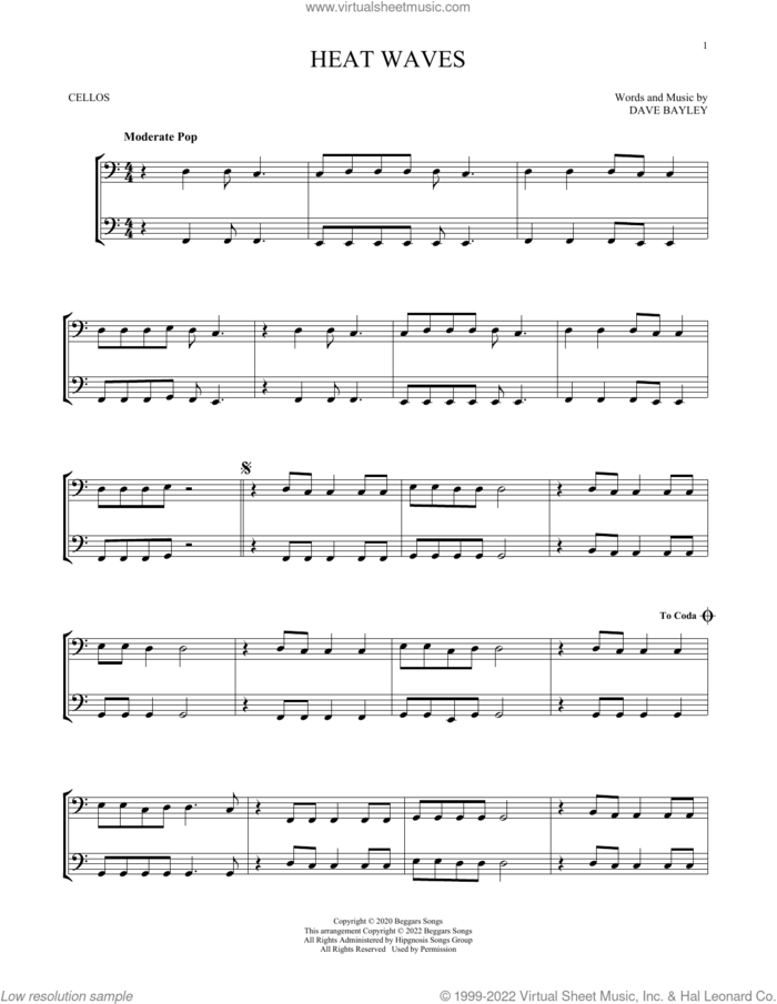Heat Waves sheet music for two cellos (duet, duets) by Glass Animals and Dave Bayley, intermediate skill level