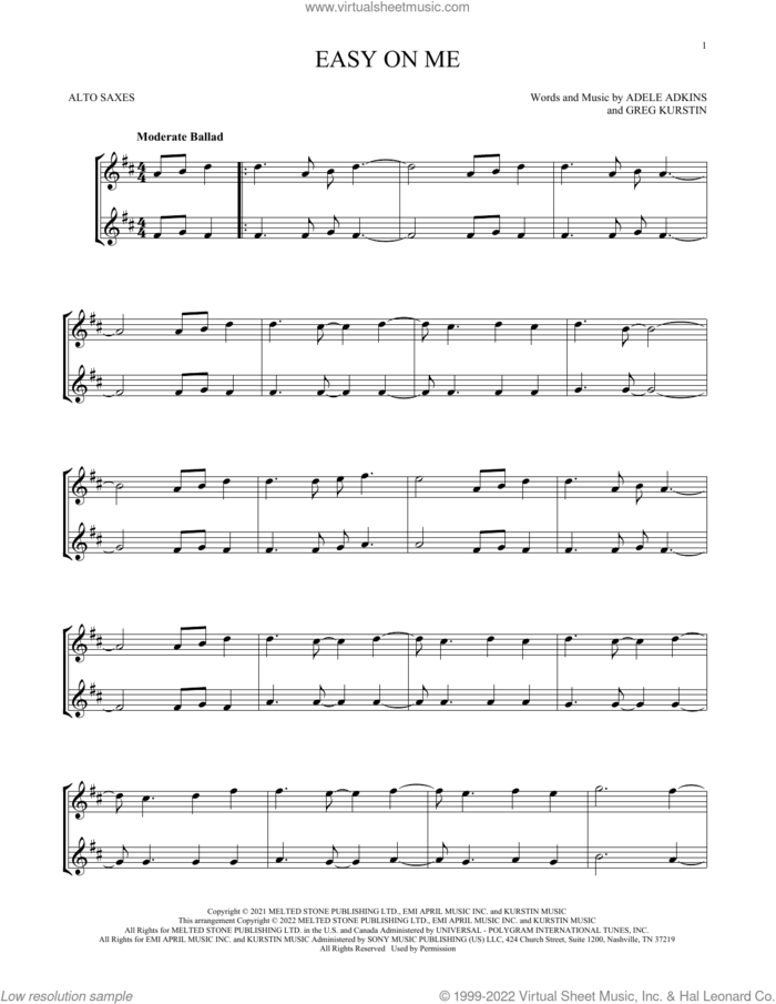 Easy On Me sheet music for two alto saxophones (duets) by Adele, Adele Adkins and Greg Kurstin, intermediate skill level