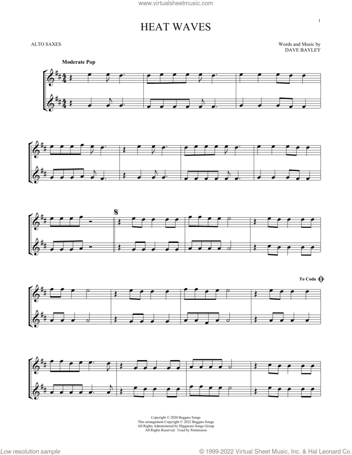 Heat Waves sheet music for two alto saxophones (duets) by Glass Animals and Dave Bayley, intermediate skill level