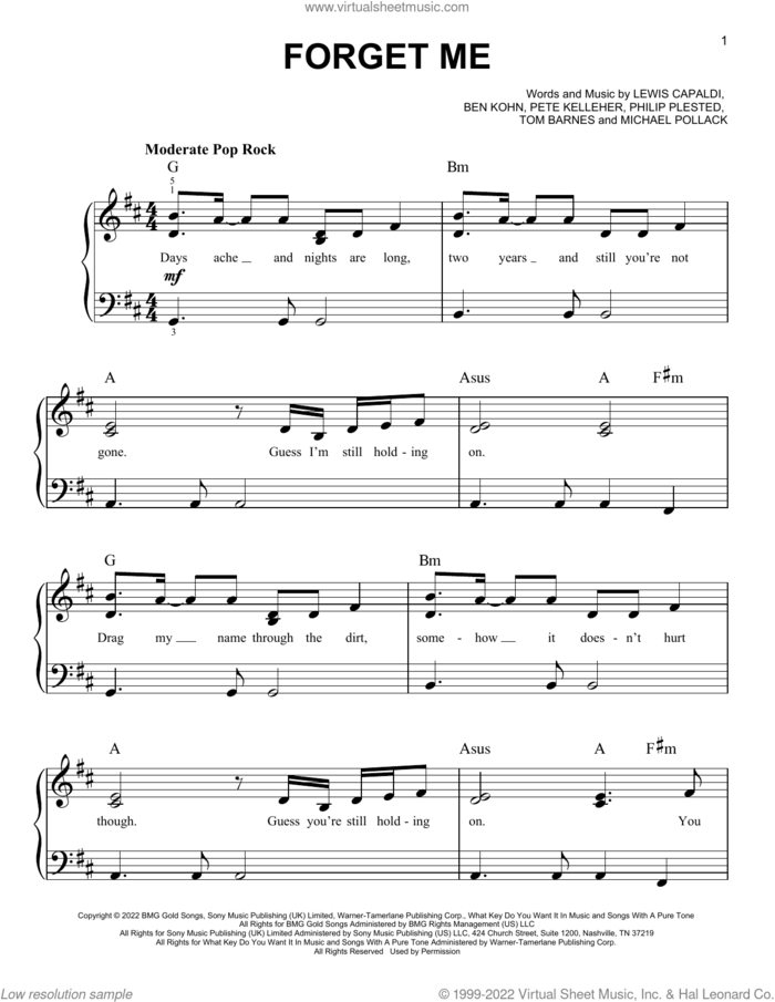 Forget Me, (easy) sheet music for piano solo by Lewis Capaldi, Ben Kohn, Michael Pollack, Pete Kelleher, Philip Plested and Tom Barnes, easy skill level