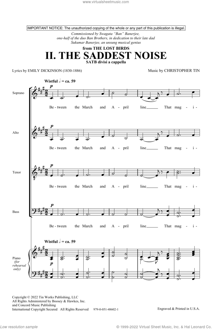 The Saddest Noise (Movement II from The Lost Birds) sheet music for choir (SATB Divisi) by Christopher Tin and Emily Dickinson, intermediate skill level