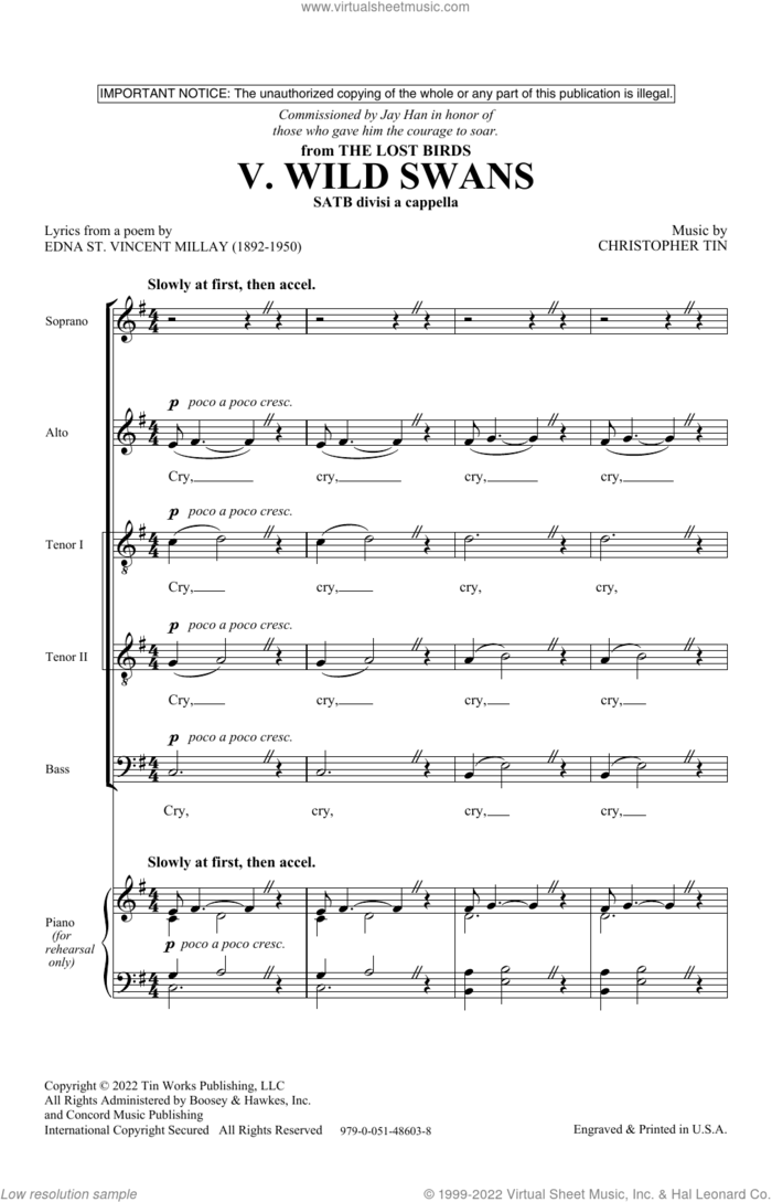 Wild Swans (Movement V from The Lost Birds) sheet music for choir (SATB Divisi) by Christopher Tin and Edna St. Vincent Millay, intermediate skill level