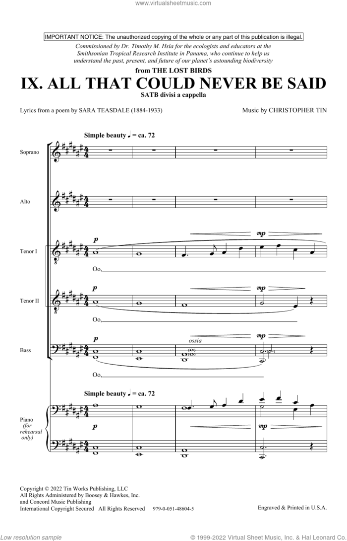 All That Could Never Be Said (Movement IX from The Lost Birds) sheet music for choir (SATB Divisi) by Christopher Tin and Sara Teasdale, intermediate skill level
