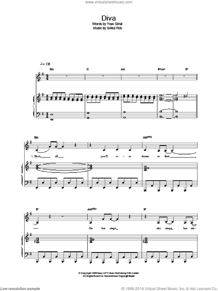Diva sheet music for voice, piano or guitar by Dana International, intermediate skill level