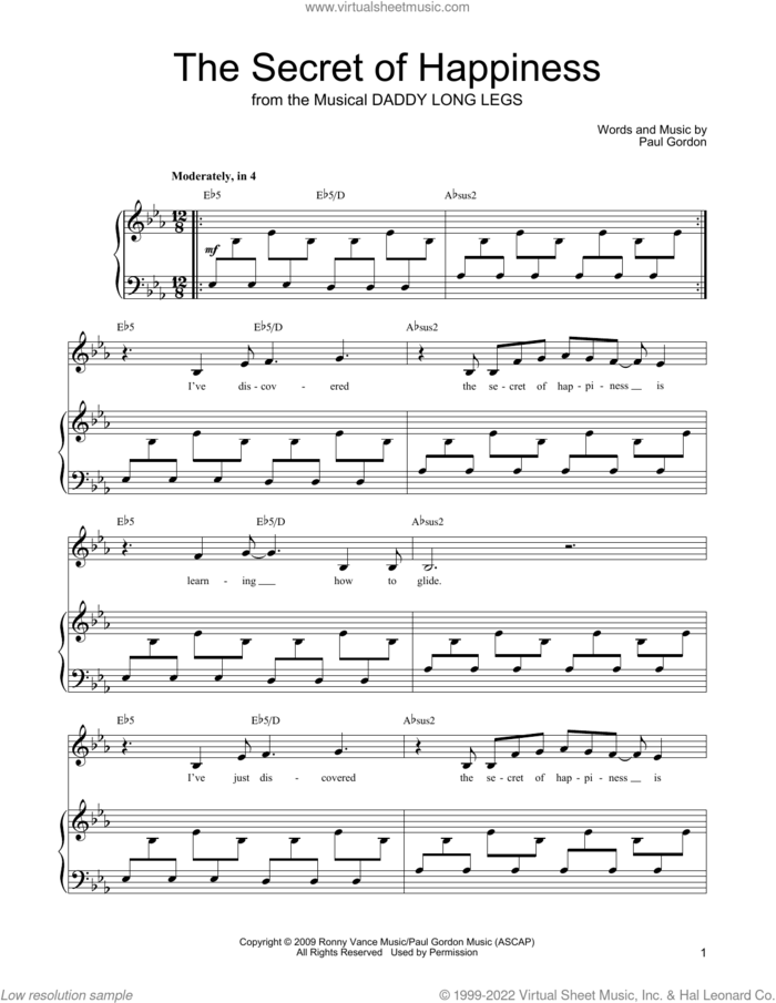 The Secret Of Happiness (from Daddy Long Legs) sheet music for voice, piano or guitar by Paul Gordon and Mariann Cook, intermediate skill level