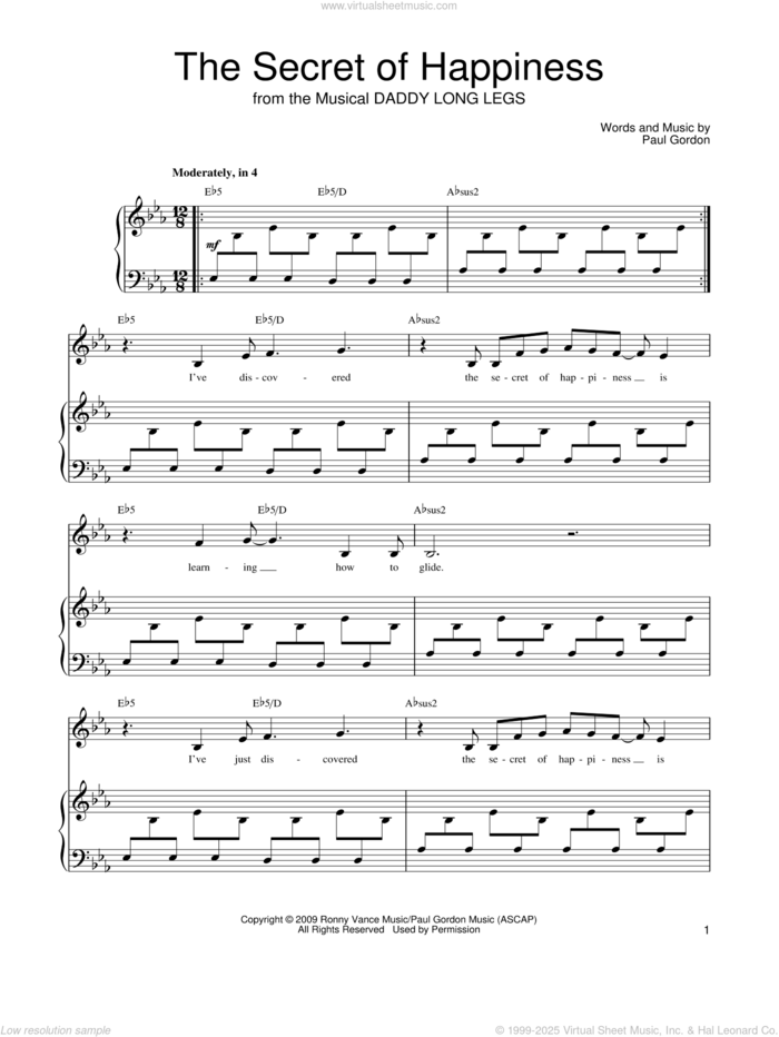 The Secret Of Happiness (from Daddy Long Legs) sheet music for voice, piano or guitar by Paul Gordon and Mariann Cook, intermediate skill level