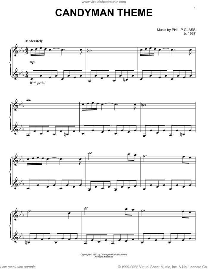 Candyman Theme (from Candyman) sheet music for piano solo by Philip Glass, intermediate skill level