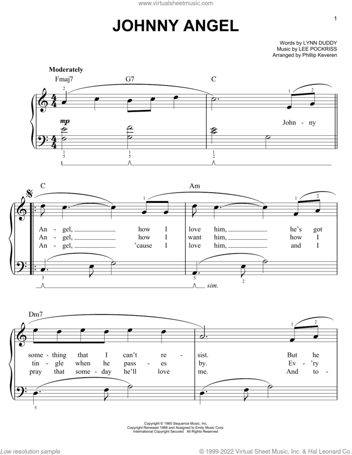 Johnny Angel (arr. Phillip Keveren) sheet music for piano solo by Shelley Fabares, Phillip Keveren, Lee Pockriss and Lynn Duddy, easy skill level