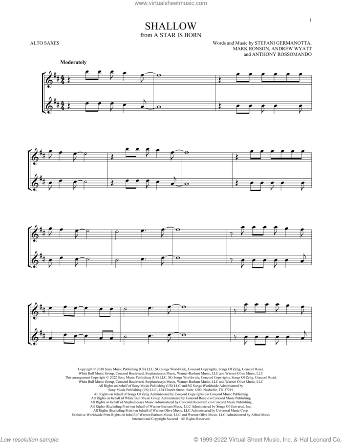 Shallow (from A Star Is Born) sheet music for two alto saxophones (duets) by Lady Gaga & Bradley Cooper, Andrew Wyatt, Anthony Rossomando, Lady Gaga and Mark Ronson, intermediate skill level