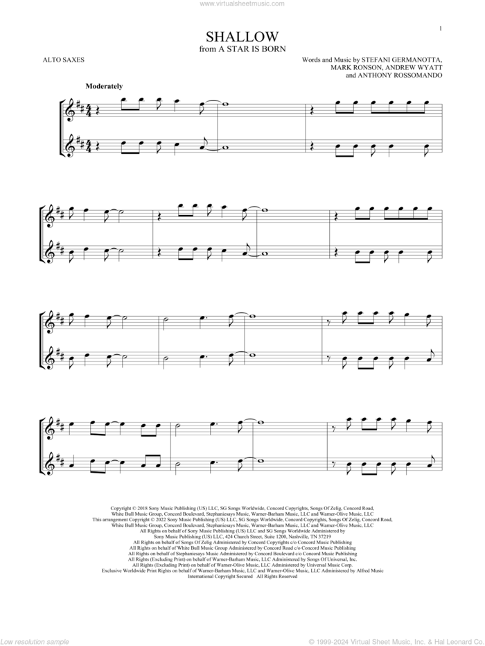 Shallow (from A Star Is Born) sheet music for two alto saxophones (duets) by Lady Gaga & Bradley Cooper, Andrew Wyatt, Anthony Rossomando, Lady Gaga and Mark Ronson, intermediate skill level