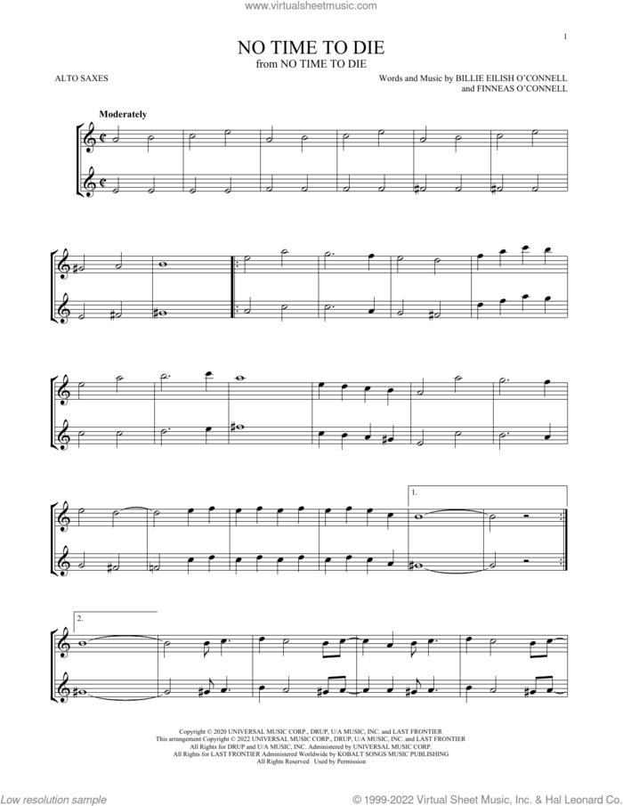 No Time To Die sheet music for two alto saxophones (duets) by Billie Eilish, intermediate skill level