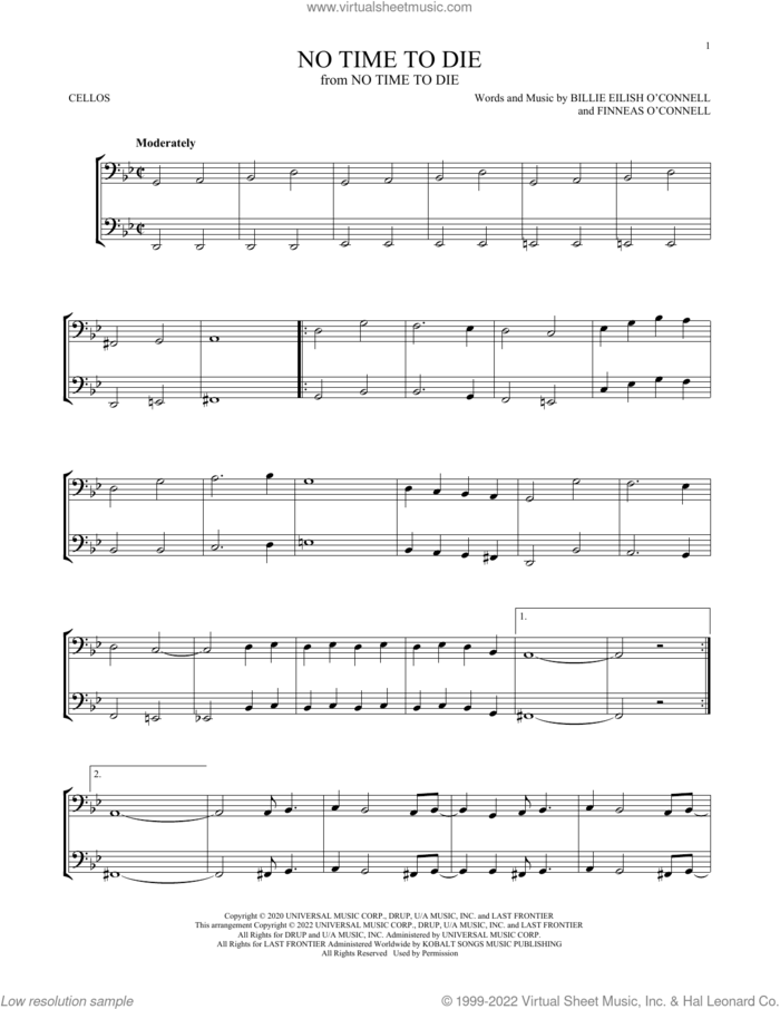 No Time To Die sheet music for two cellos (duet, duets) by Billie Eilish, intermediate skill level