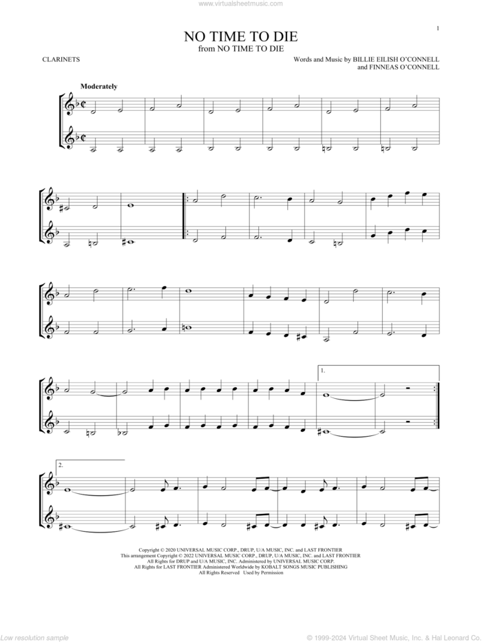 No Time To Die sheet music for two clarinets (duets) by Billie Eilish, intermediate skill level