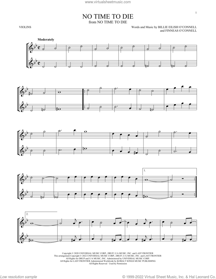 No Time To Die sheet music for two violins (duets, violin duets) by Billie Eilish, intermediate skill level