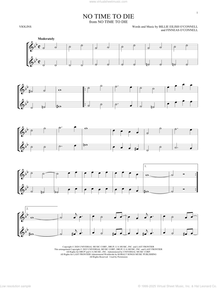 No Time To Die sheet music for two violins (duets, violin duets) by Billie Eilish, intermediate skill level