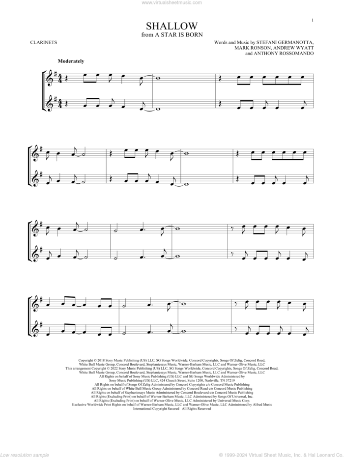 Shallow (from A Star Is Born) sheet music for two clarinets (duets) by Lady Gaga & Bradley Cooper, Andrew Wyatt, Anthony Rossomando, Lady Gaga and Mark Ronson, intermediate skill level