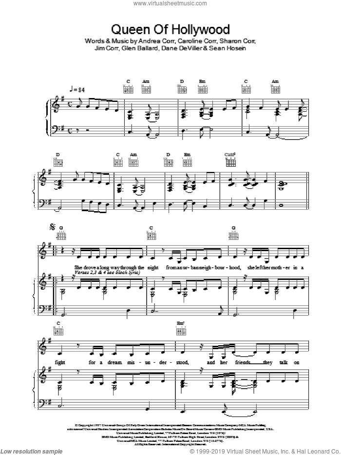 Queen Of Hollywood sheet music for voice, piano or guitar by The Corrs, intermediate skill level