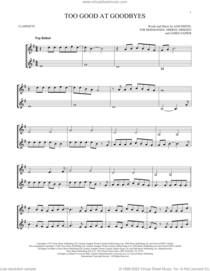 Too Good At Goodbyes sheet music for two clarinets (duets) by Sam Smith, James Napier, Mikkel Eriksen and Tor Erik Hermansen, intermediate skill level