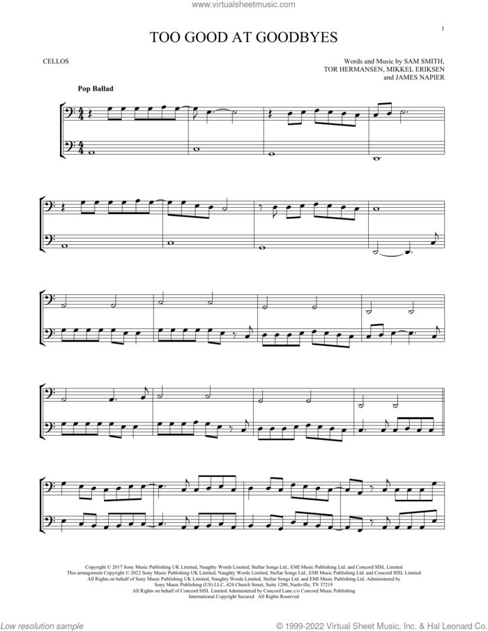 Too Good At Goodbyes sheet music for two cellos (duet, duets) by Sam Smith, James Napier, Mikkel Eriksen and Tor Erik Hermansen, intermediate skill level
