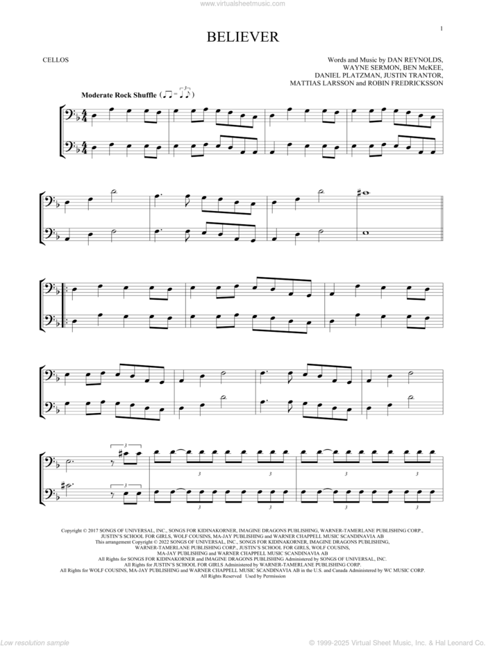 Believer sheet music for two cellos (duet, duets) by Imagine Dragons, Ben McKee, Dan Reynolds, Daniel Platzman, Justin Tranter, Mattias Larsson, Robin Fredriksson and Wayne Sermon, intermediate skill level